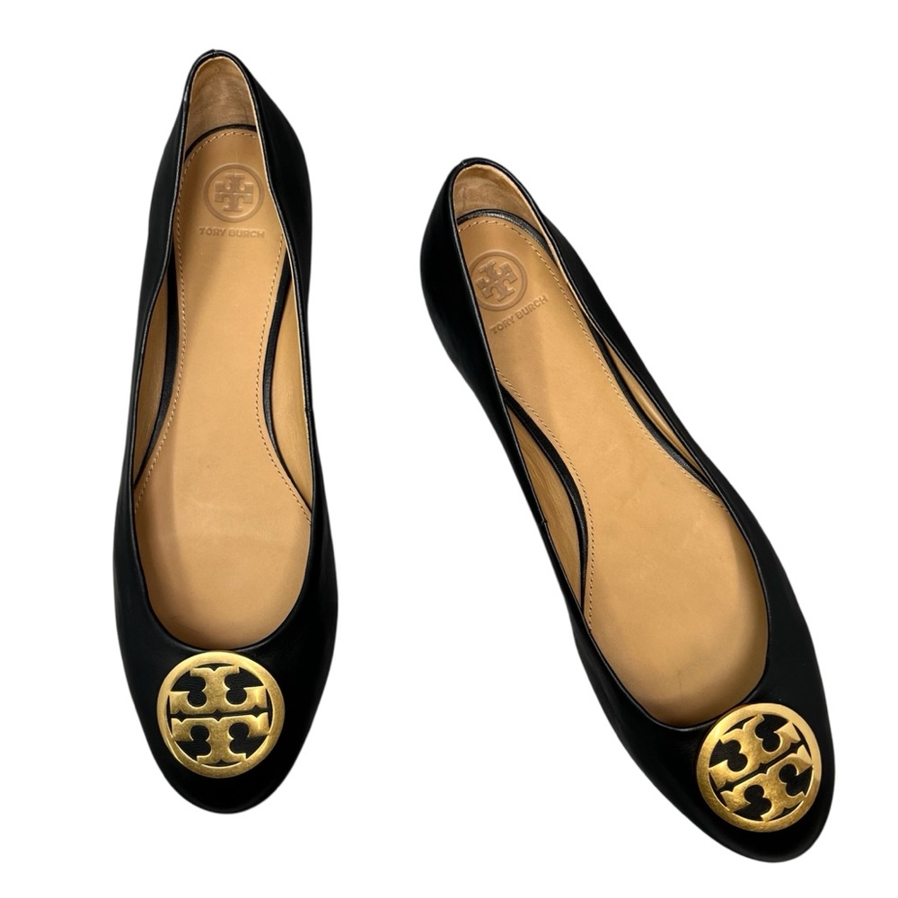 Tory Burch Black Ballet Flats Size 12 Leather with Gold Logo Emblem Shoes - Picture 13 of 13